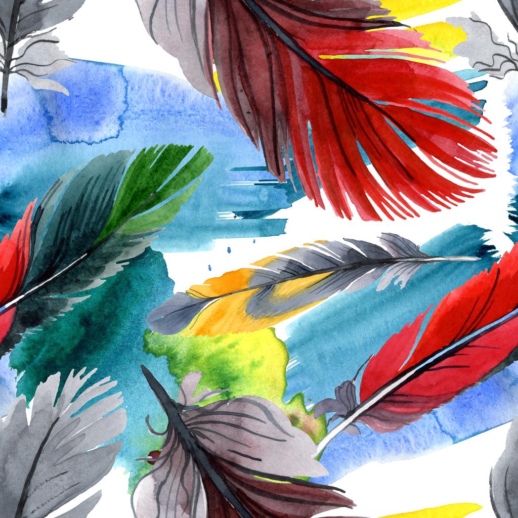 Bunte Vogelfeder vom Flügel isoliert. Aquarell zeichnen Mode-Aquarell. Stoff Tapete drucken Textur. - Foto, Bild
