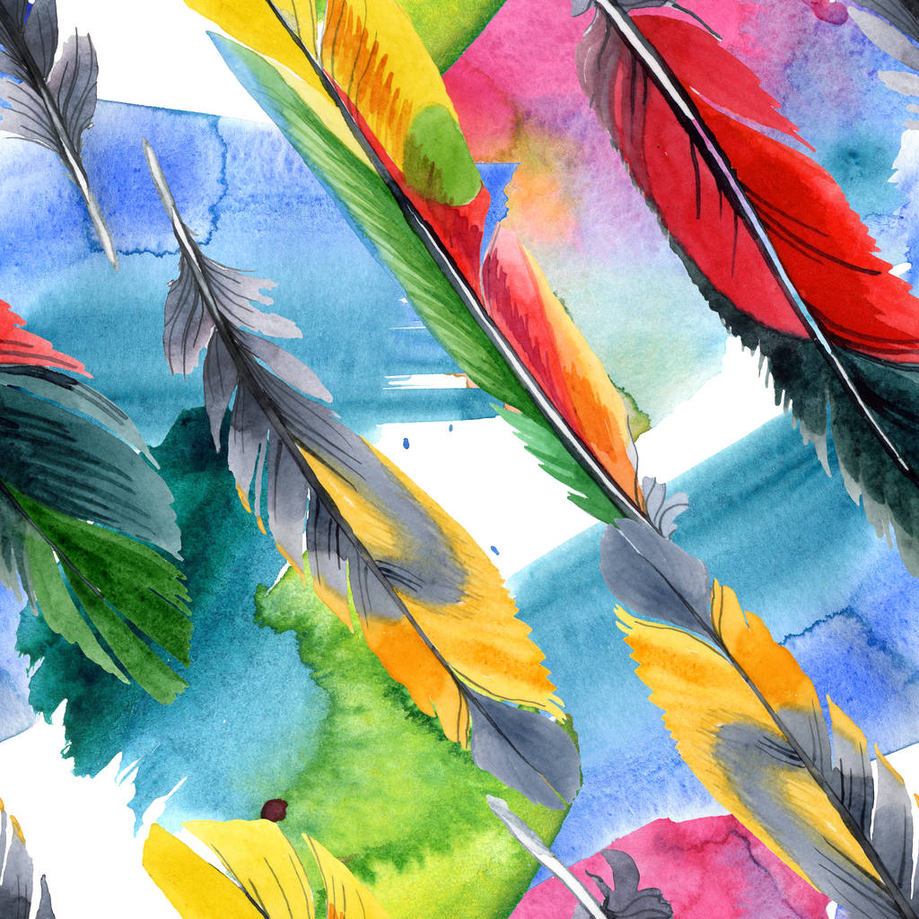 Kolorowe Pióro ptaka z wyizolowanego skrzydła. Akwarela rysunek mody Aquarelle. Tkanina tapeta druk tekstura. - Zdjęcie, obraz