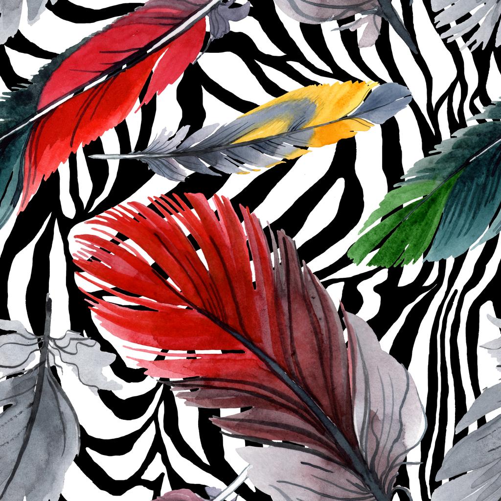 Bunte Vogelfeder vom Flügel isoliert. Aquarell zeichnen Mode-Aquarell. Stoff Tapete drucken Textur. - Foto, Bild