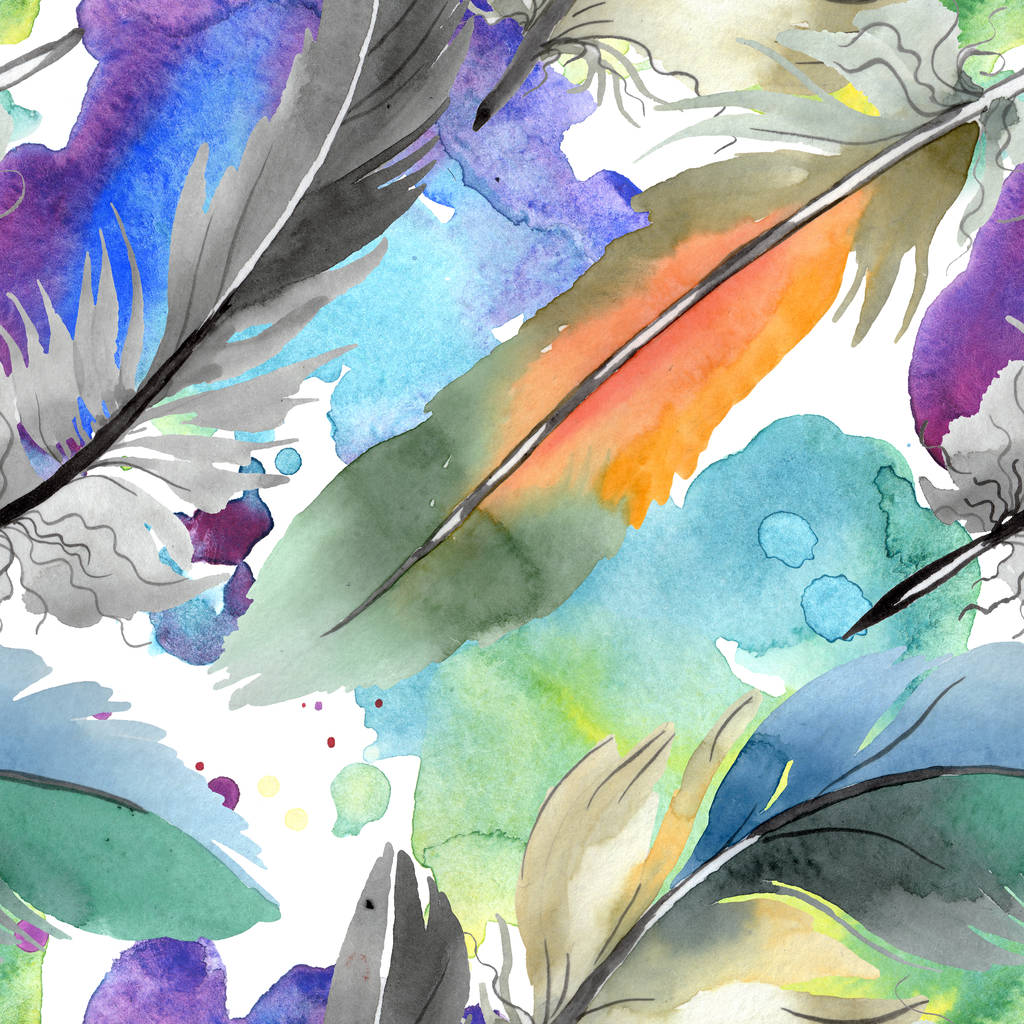 Plume d'oiseau colorée de l'aile isolée. Ensemble d'illustration de fond aquarelle. Modèle de fond sans couture
. - Photo, image