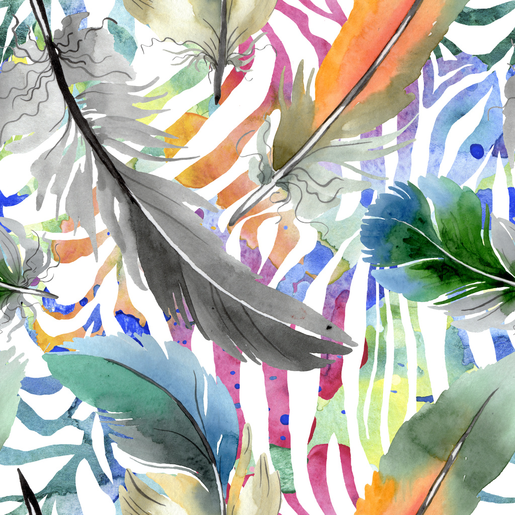 Színes madár toll a szárny elszigetelt. Akvarell háttér illusztráció meg. Folytonos háttérmintázat. - Fotó, kép