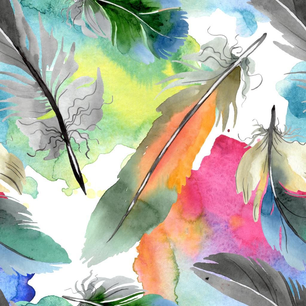 Colorful bird feather from wing isolated. Watercolor background illustration set. Seamless background pattern. - Photo, Image