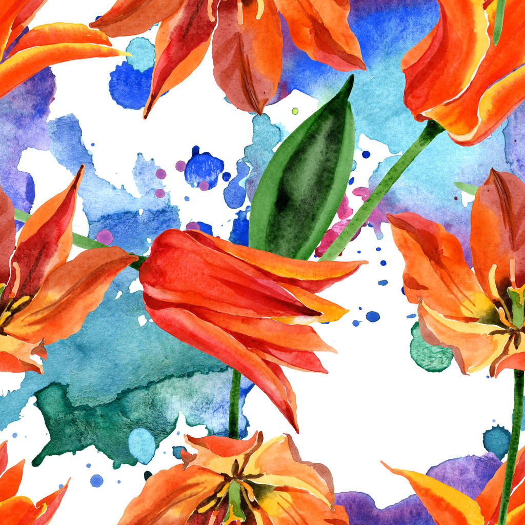 Narancs tulipán virágos botanikai virágok. Akvarell háttér illusztráció meg. Folytonos háttérmintázat. - Fotó, kép
