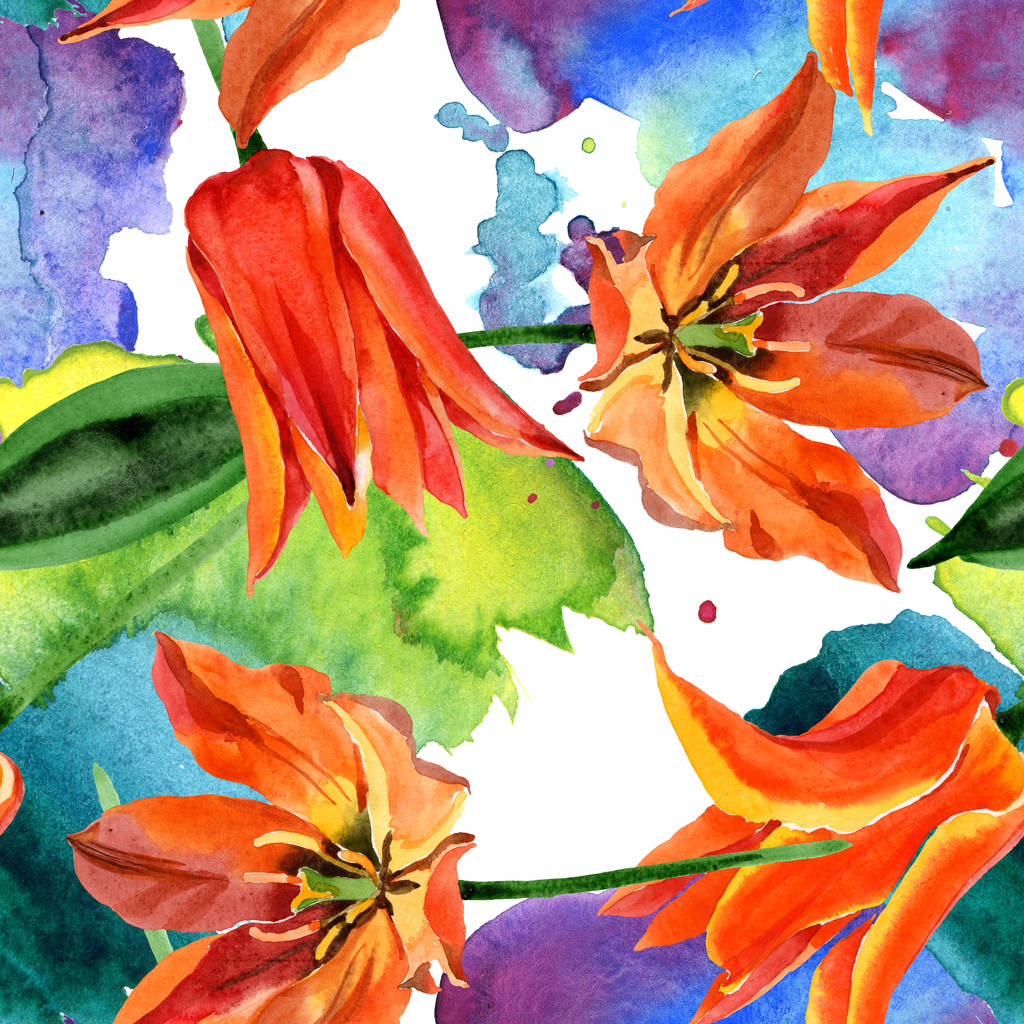 Flores botánicas florales de tulipán naranja. Conjunto de ilustración de fondo acuarela. Patrón de fondo sin costuras
. - Foto, Imagen