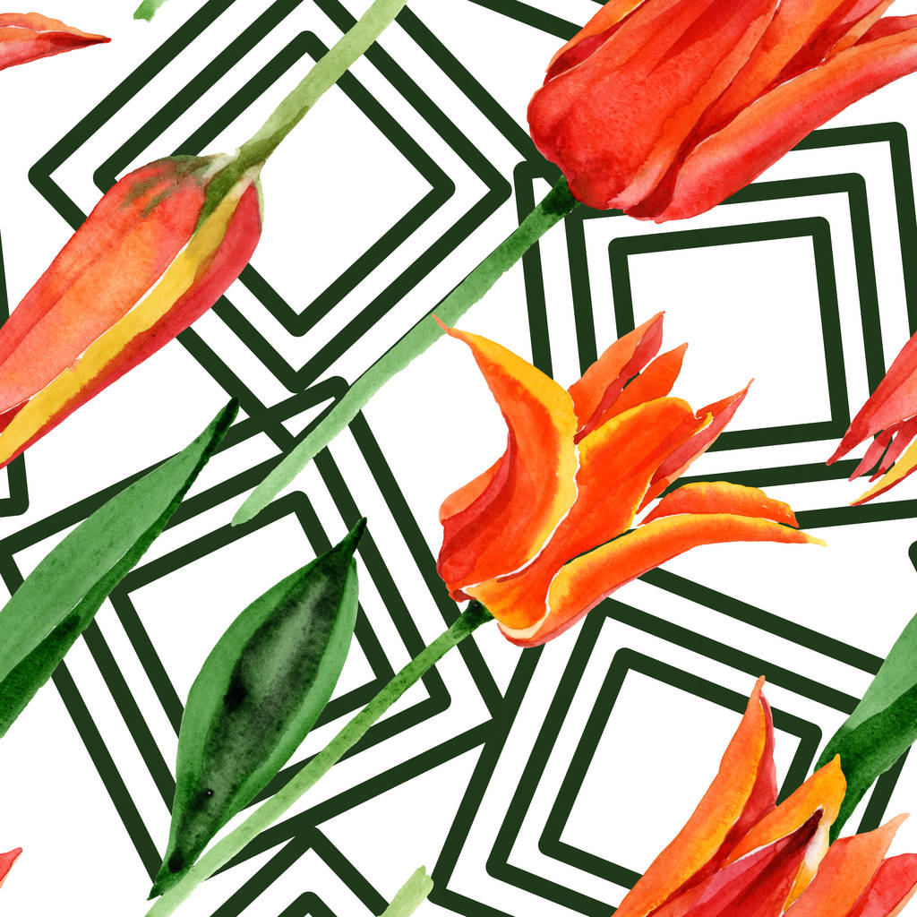 Flores botánicas florales de tulipán naranja. Conjunto de ilustración de fondo acuarela. Patrón de fondo sin costuras
. - Foto, Imagen