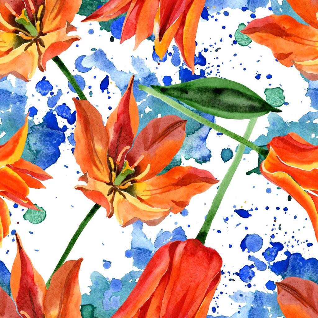 Fiori botanici floreali di tulipano arancione. Acquerello sfondo illustrazione set. Modello di sfondo senza soluzione di continuità
. - Foto, immagini