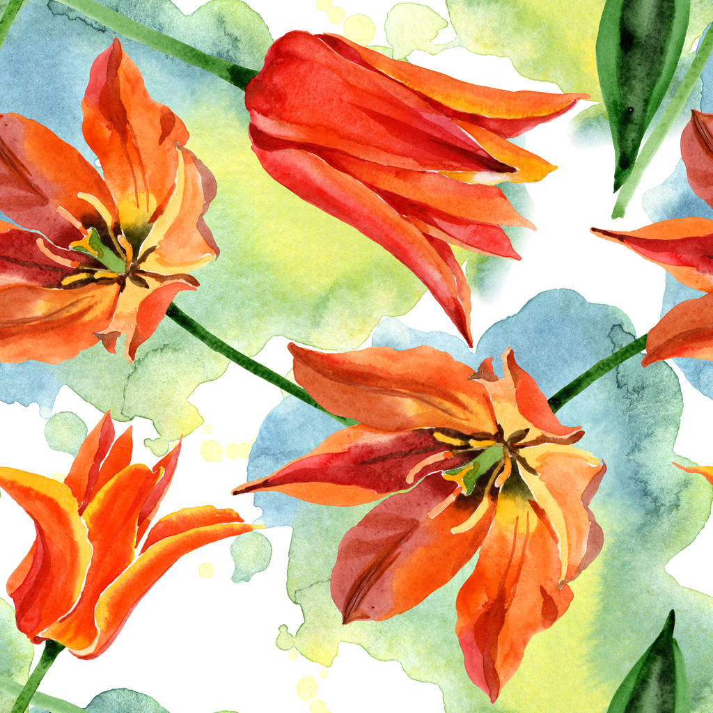 Orangefarbene Tulpenblüten. Aquarell Hintergrundillustration Set. nahtloses Hintergrundmuster. - Foto, Bild