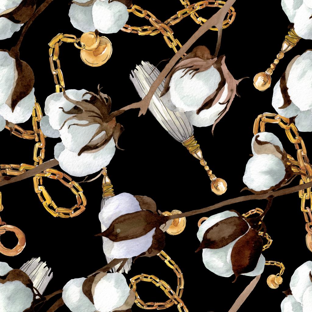 Botanische Blumen aus weißer Baumwolle. Aquarell Hintergrundillustration Set. nahtloses Hintergrundmuster. - Foto, Bild