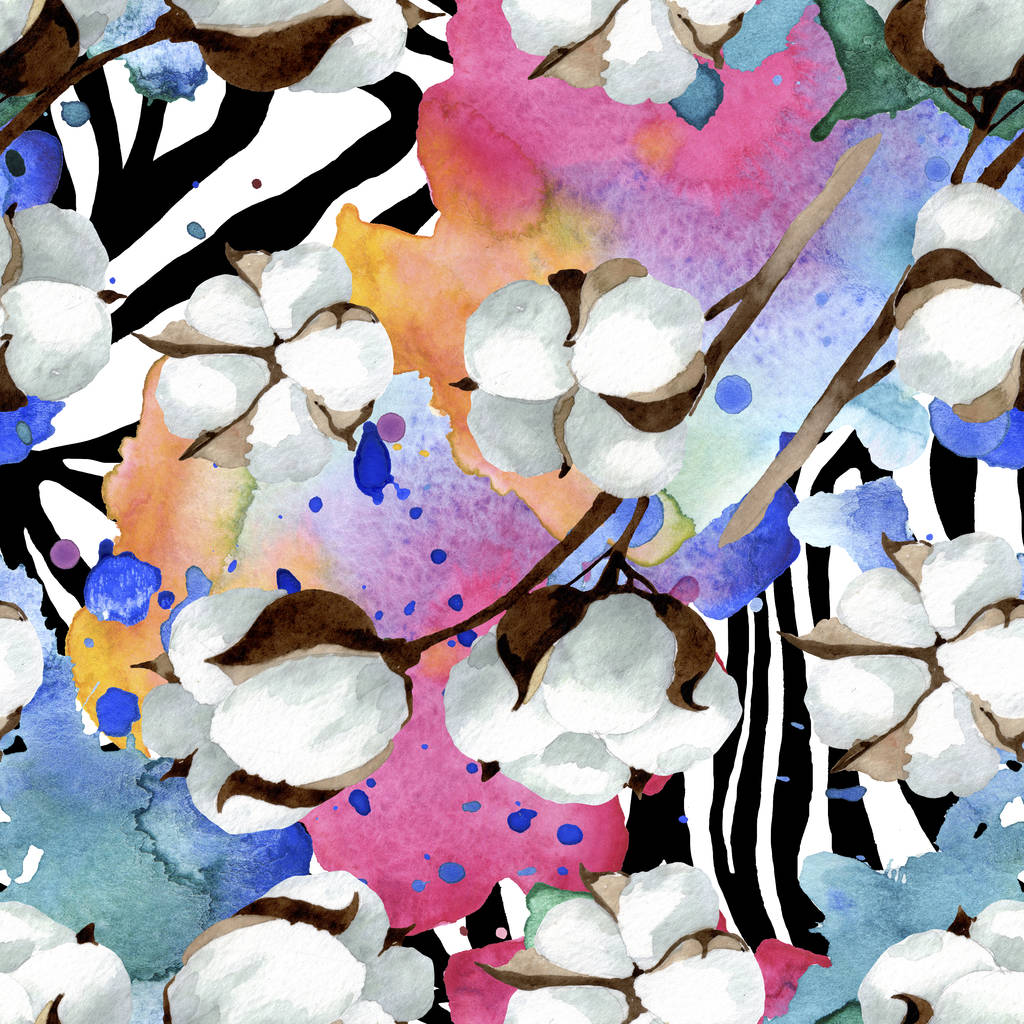 Flores botánicas florales de algodón blanco. Conjunto de ilustración de fondo acuarela. Patrón de fondo sin costuras
. - Foto, Imagen