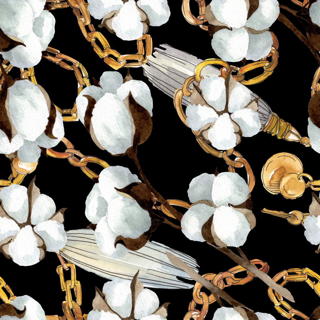 Fiori botanici floreali in cotone bianco. Acquerello sfondo illustrazione set. Modello di sfondo senza soluzione di continuità
. - Foto, immagini