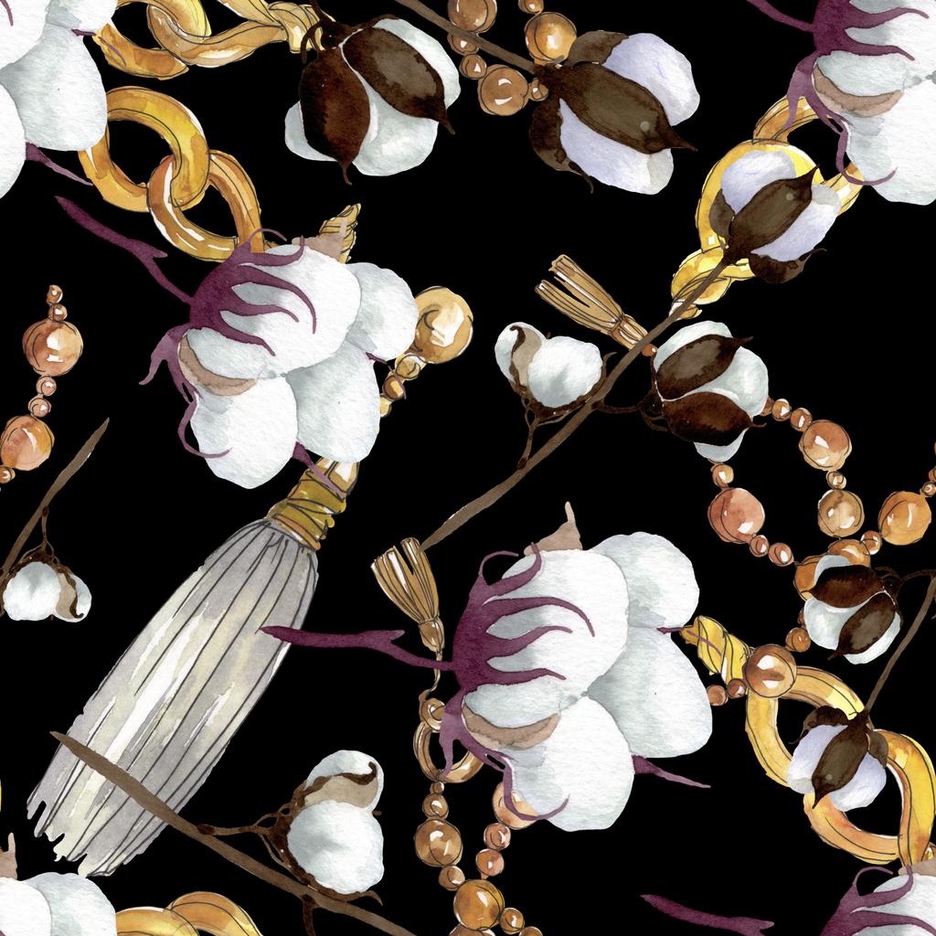 白い綿の花の植物の花。●水彩背景イラストセット。シームレスな背景パターン. - 写真・画像