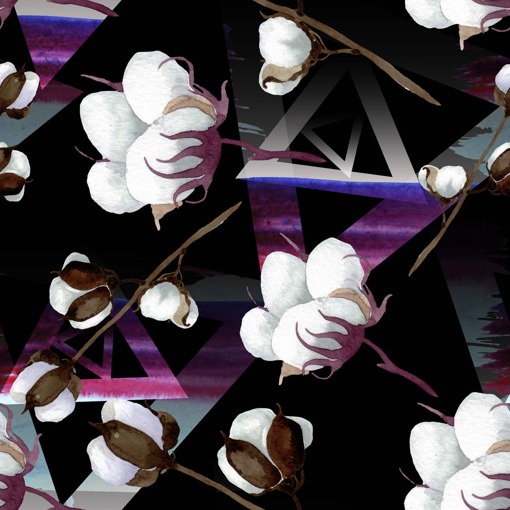 Bílé bavlněné květinové botanické květy. Vodný obrázek pozadí-barevný. Bezespání vzorek pozadí. - Fotografie, Obrázek
