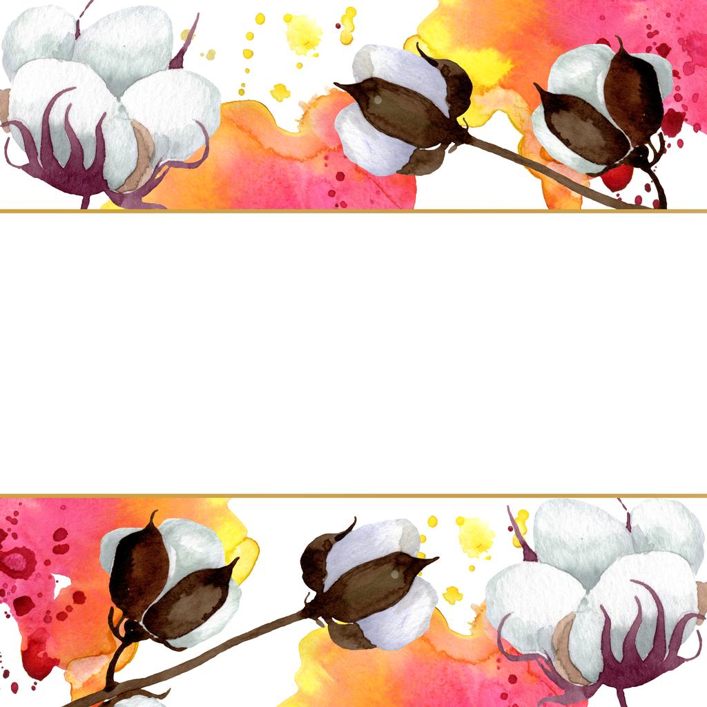 白い綿の花の植物の花。●水彩背景イラストセット。フレームボーダーオーナメント正方形. - 写真・画像