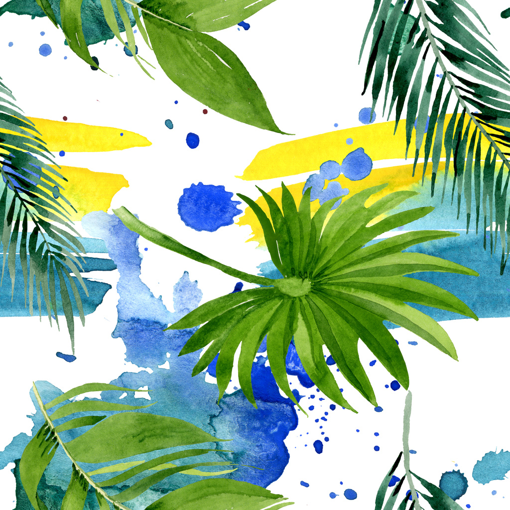 Palm Beach tree verlaat jungle botanische. Aquarel achtergrond illustratie instellen. Naadloos achtergrond patroon. - Foto, afbeelding