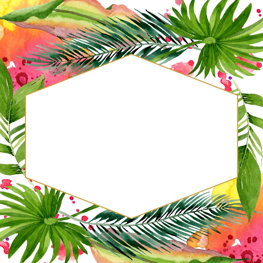 Palm beach tree leaves jungle botanical. Watercolor background illustration set. Frame border ornament square. - Photo, Image