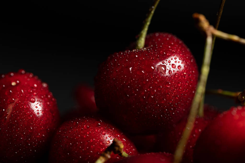 закрытый вид на красные деликатесные вишни с каплями воды, изолированными на черном
 - Фото, изображение