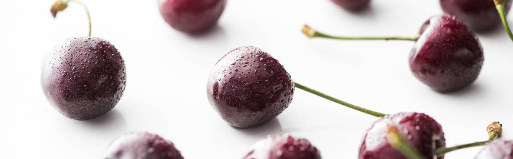 panoramic shot of fresh, sweet, red and ripe cherries with water drops  - Photo, Image