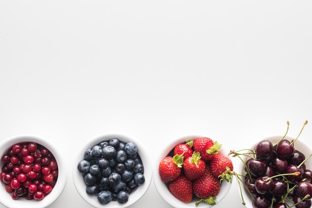 Nejlepší pohled na sladké brusinky a borůvky, jahody a třešně na miskách  - Fotografie, Obrázek