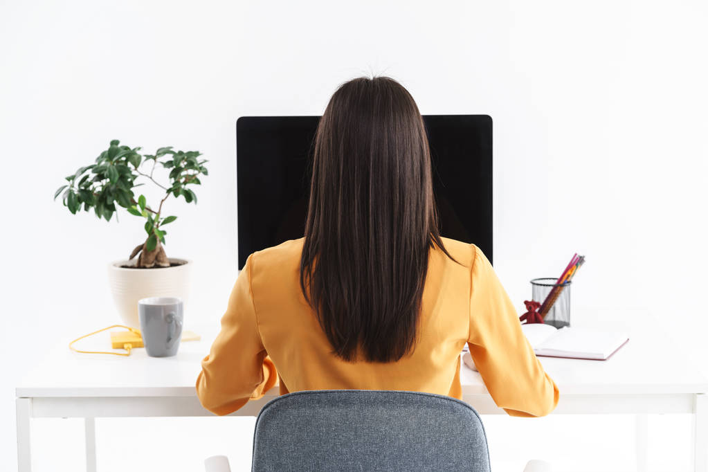 Photo d'une femme d'affaires brune à succès travaillant sur un gros comput
 - Photo, image