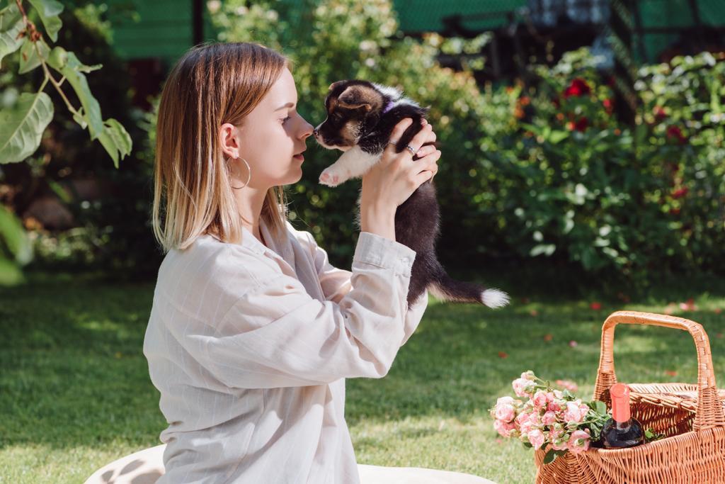 Widok z boku atrakcyjne blond dziewczyna w ogrodzie z cute Welsh Corgi Puppy - Zdjęcie, obraz