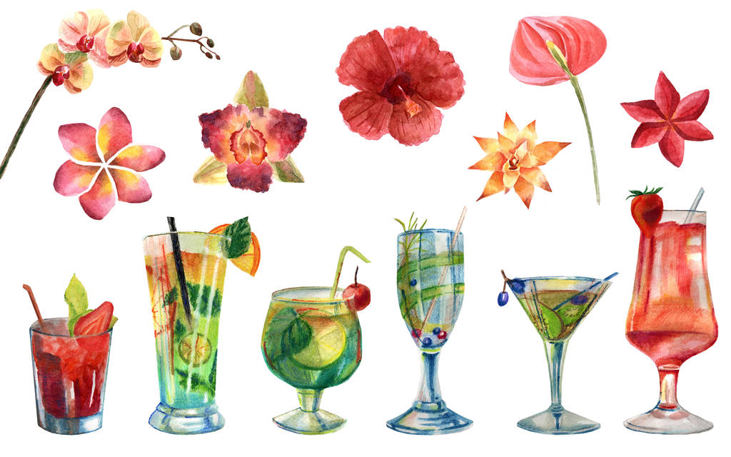 Watercolor set of cocktails and flowers isolated on a white background - Photo, Image