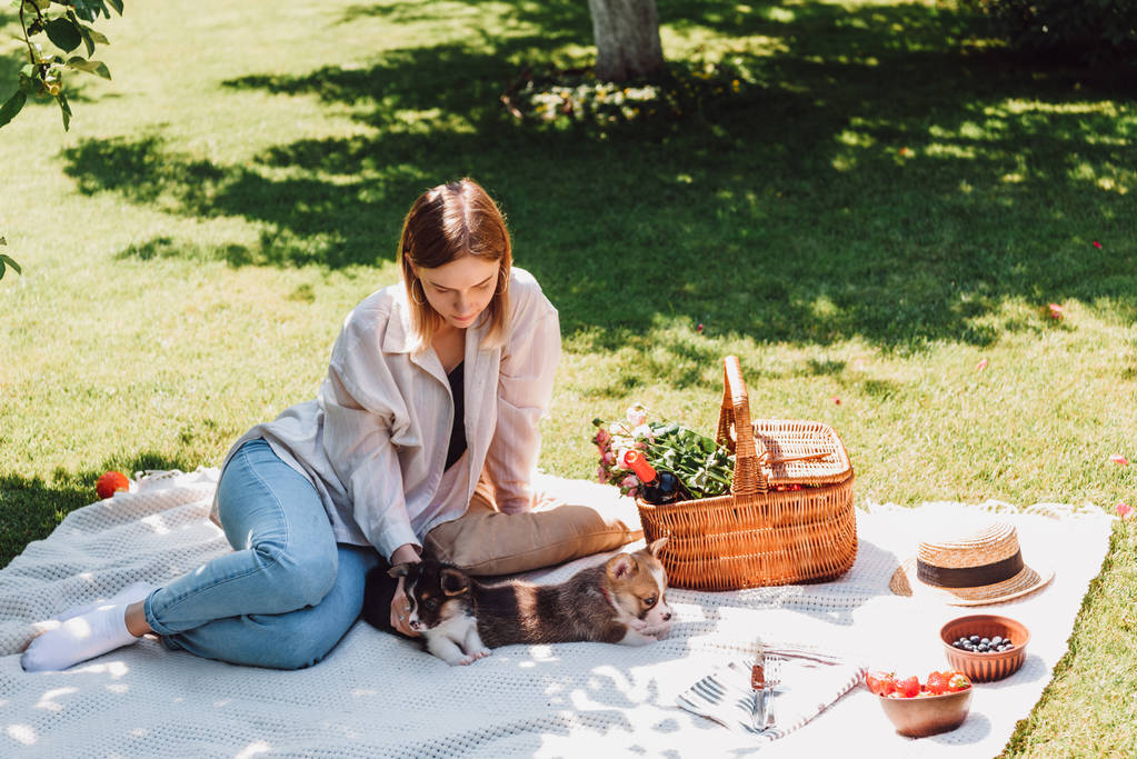 庭の毛布の上に座って、晴れた日に子犬とピクニックを持っているブロンドの女の子 - 写真・画像