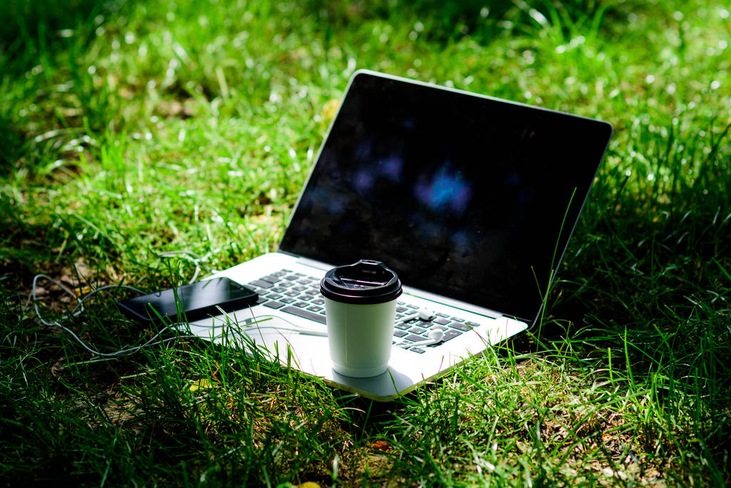 Laptop moderne smartphone met oortjes en koffiebeker op groen gras. Koffie pauze buiten. Zomer park. Werk en ontspan in een natuurlijke omgeving. Groen kantoor. Het is koffietijd. Koffie meenemen - Foto, afbeelding