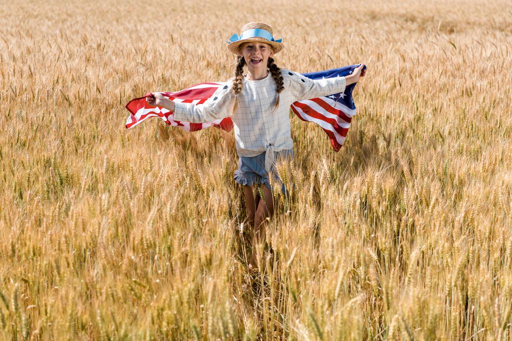 happy kid in straw hat holding american flag in golden field  - Photo, Image