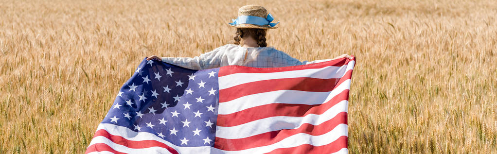 panoramic shot of kid in straw hat holding american flag with stars and stripes in golden field  - Photo, Image