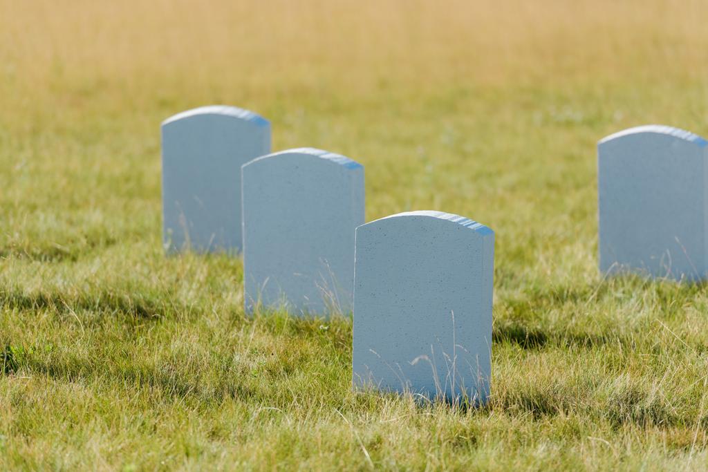 selective focus of tombstones on green grass and blue sky in graveyard  - Photo, Image