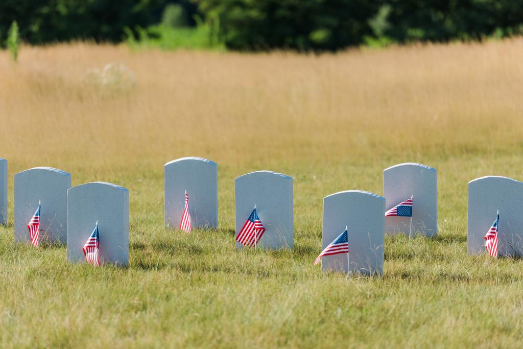 tombstones on green grass near american flags in graveyard  - Photo, Image