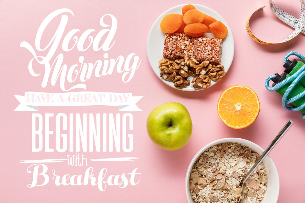 top view of fresh diet food, measuring tape, skipping rope on pink background with good morning, have a great day beginning with breakfast lettering - Photo, Image