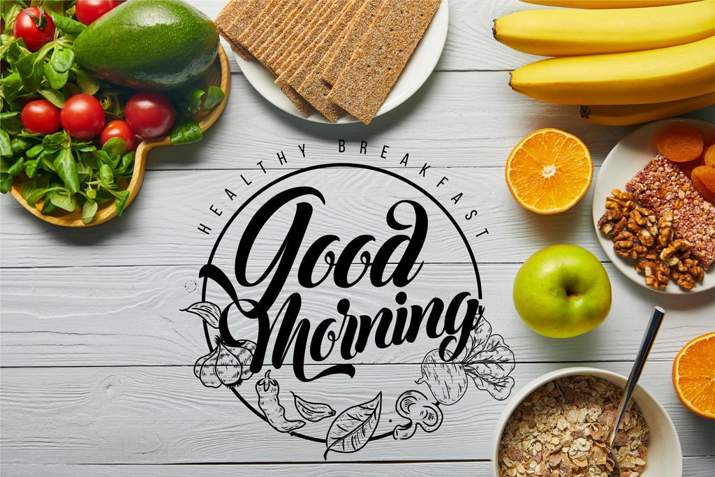 top view of fresh fruits, vegetables and cereal on wooden white background with healthy breakfast, good morning illustration - Photo, Image