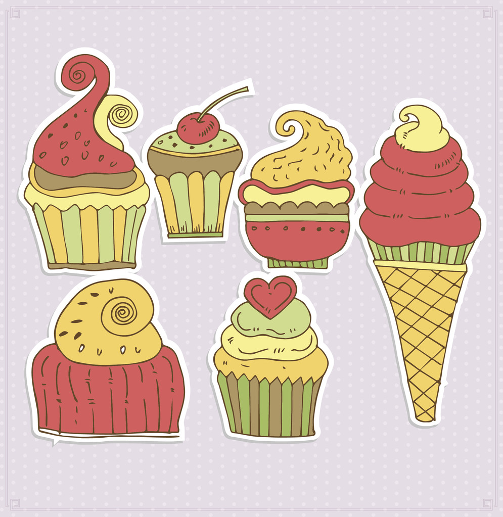 Deliciosos cupcakes y helados vector ilustración
 - Vector, imagen