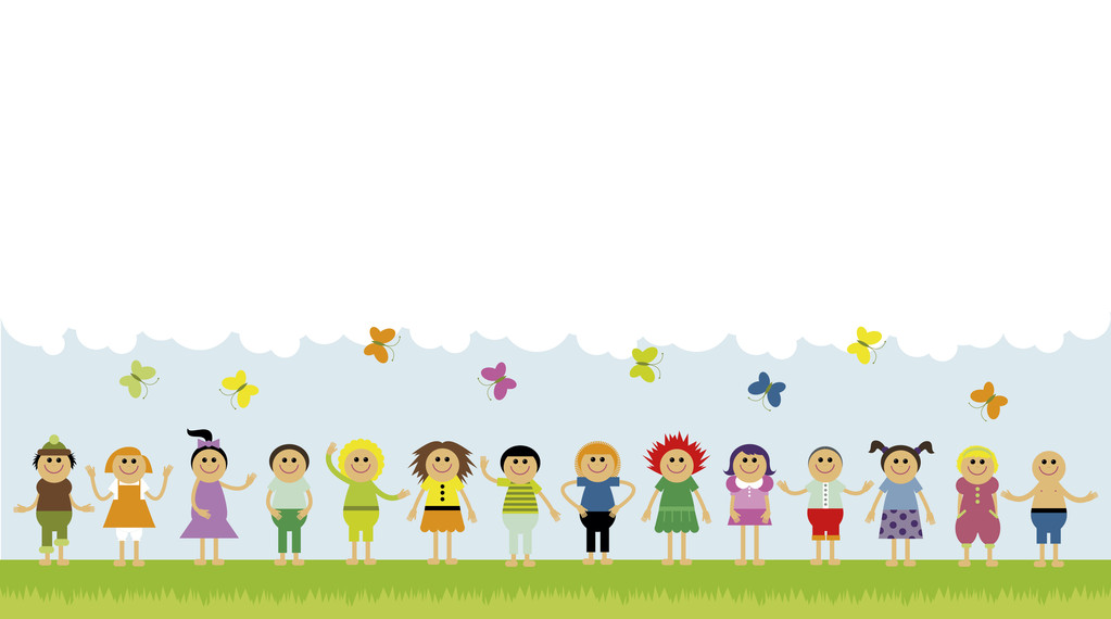 Vector illustration of children standing in a row on the green field. Copyspace with clouds and butterflies - Vector, Image