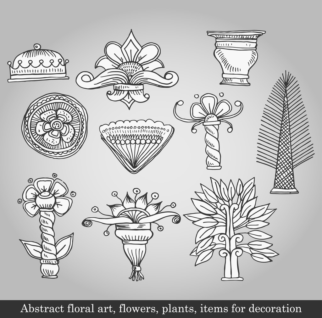 Abstract floral art, flowers, plants, items for decoration on gray background. Vector illustration in retro style - Vector, Image