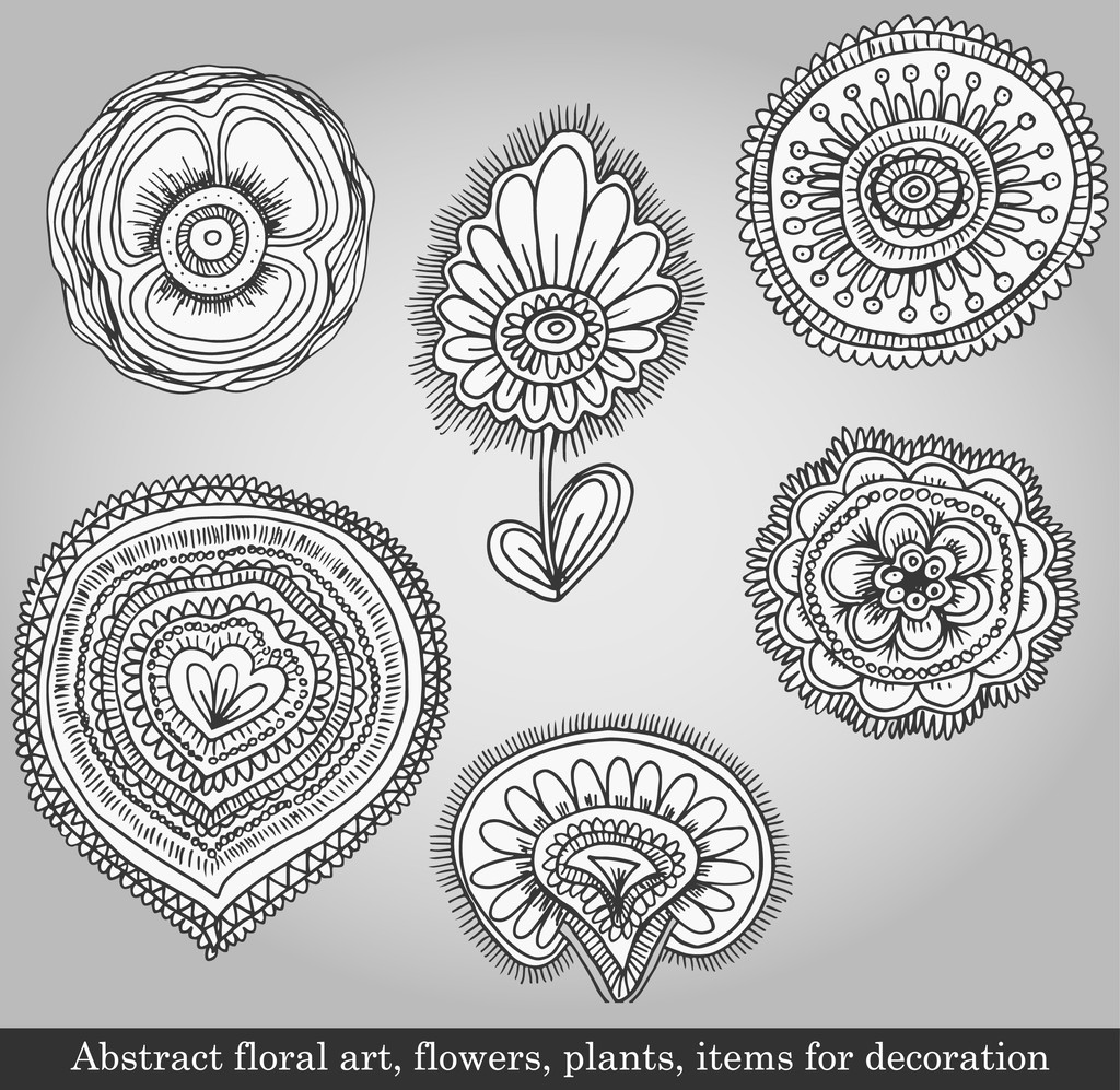 Abstract floral art, flowers, plants, items for decoration on gray background. Vector illustration in retro style - Vector, Image