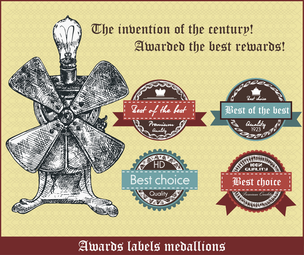 La invención del siglo. Galardonado con las mejores recompensas.Premios etiquetas medallones. Ilustración retro vectorial
 - Vector, Imagen