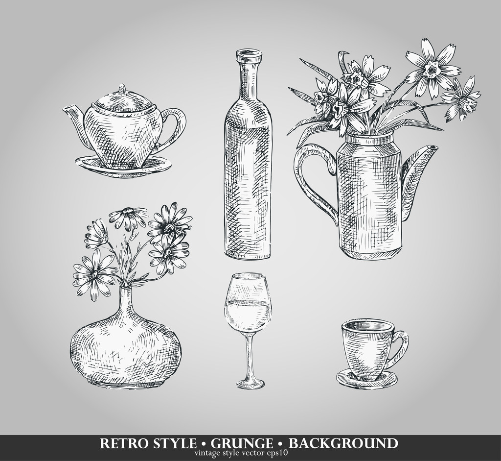 Векторный набор кухонной утвари. Чайник, бутылка, ваза, стакан, чашка. Ретро стиль
 - Вектор,изображение