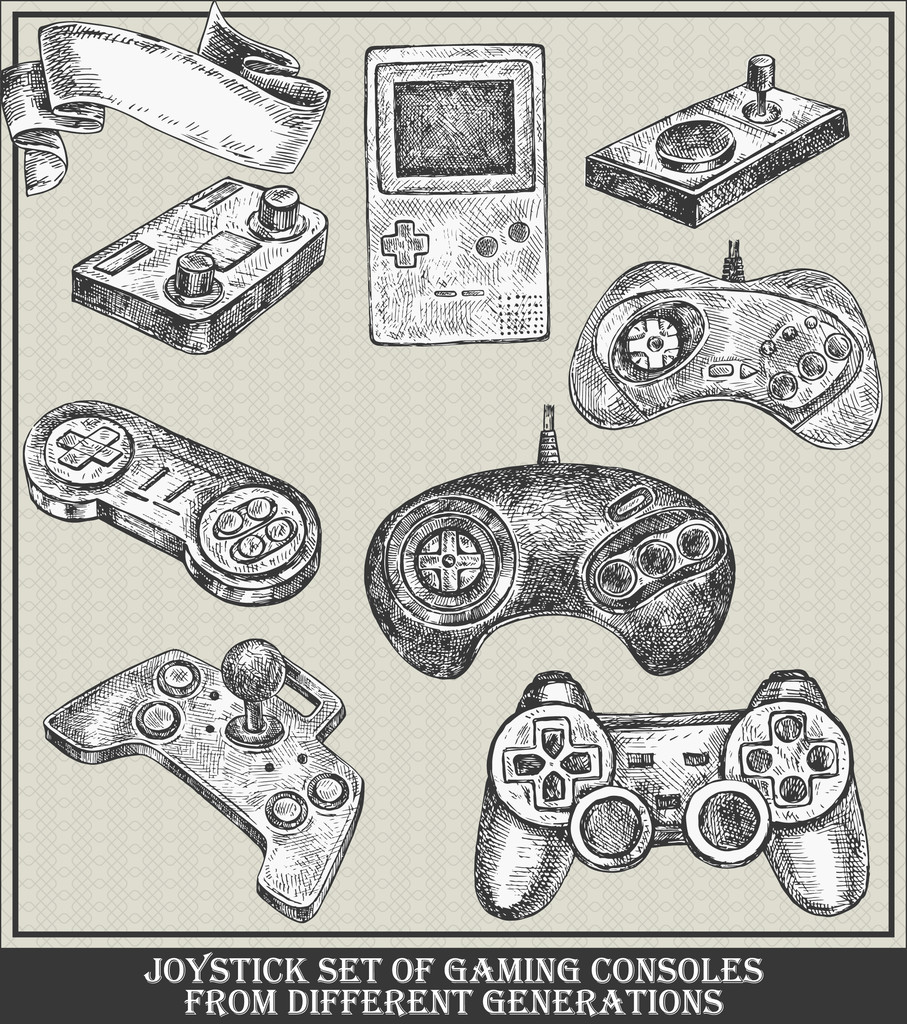 Joystick σύνολο κονσόλες τυχερού παιχνιδιού από διαφορετικές γενιές. Vector εικονογράφηση σκίτσο - Διάνυσμα, εικόνα