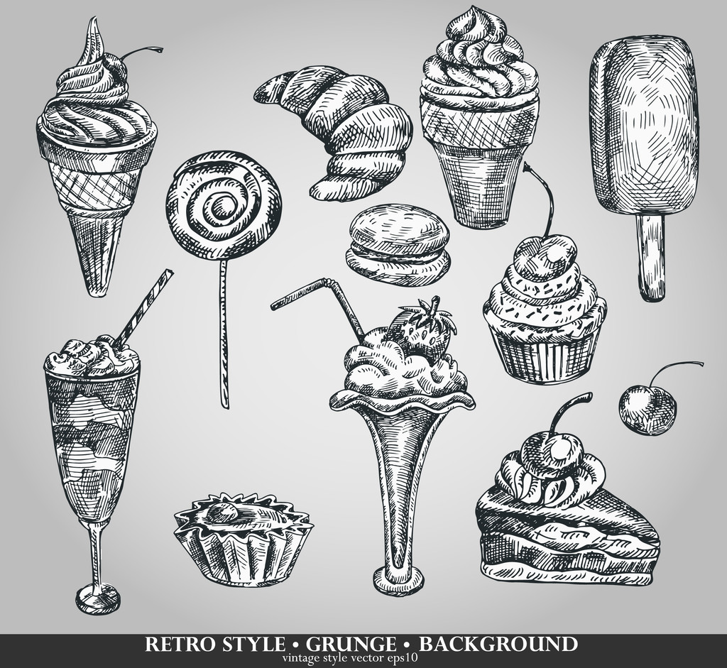 アイスクリームやケーキのセット 手描きのスケッチ ベクトル イラスト レトロなスタイル ロイヤリティフリーのベクターグラフィック画像