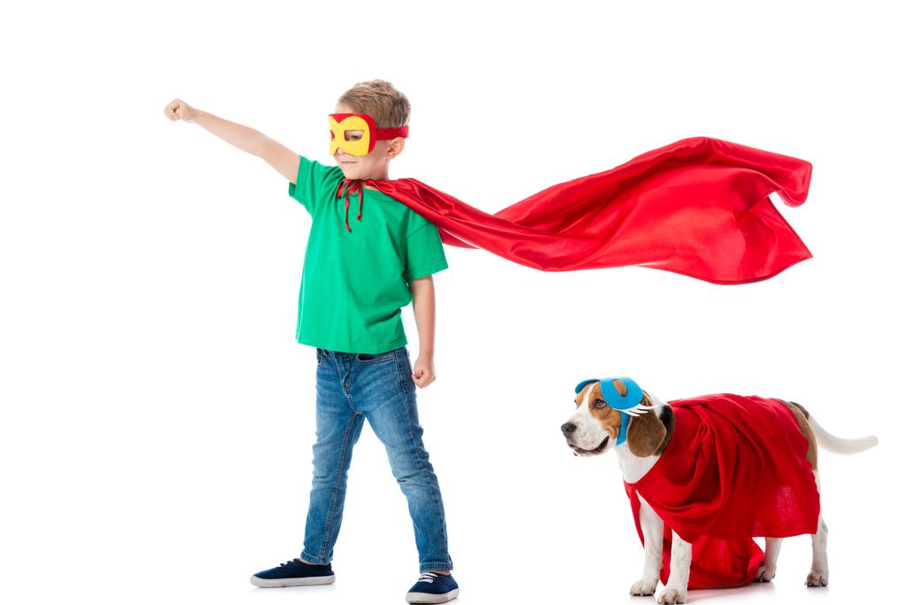 Ganzkörperansicht des lächelnden Vorschulkindes mit erhobener Faust und Beagle-Hund in Masken und roten Heldenmänteln isoliert auf weiß - Foto, Bild