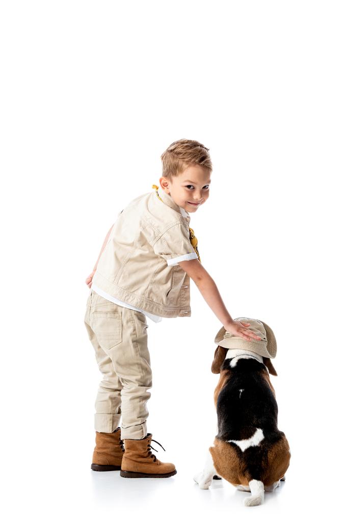 full length view of preschooler explorer boy stroking beagle dog in hat and smiling on white - Photo, Image