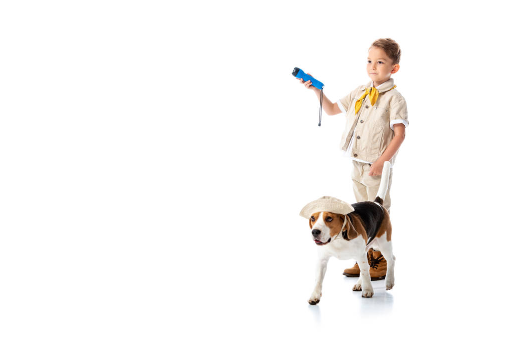 volledige lengte weergave van Explorer kind vasthouden zaklamp en beagle hond in hoed op wit - Foto, afbeelding