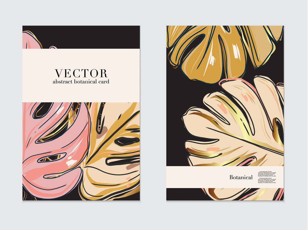 Carte de vœux Verdure Monstera. Modèle de carte d'invitation vectorielle, avec feuilles d'or rose avec cadre carré blanc. Modèle d'éléments paillettes or
 - Vecteur, image