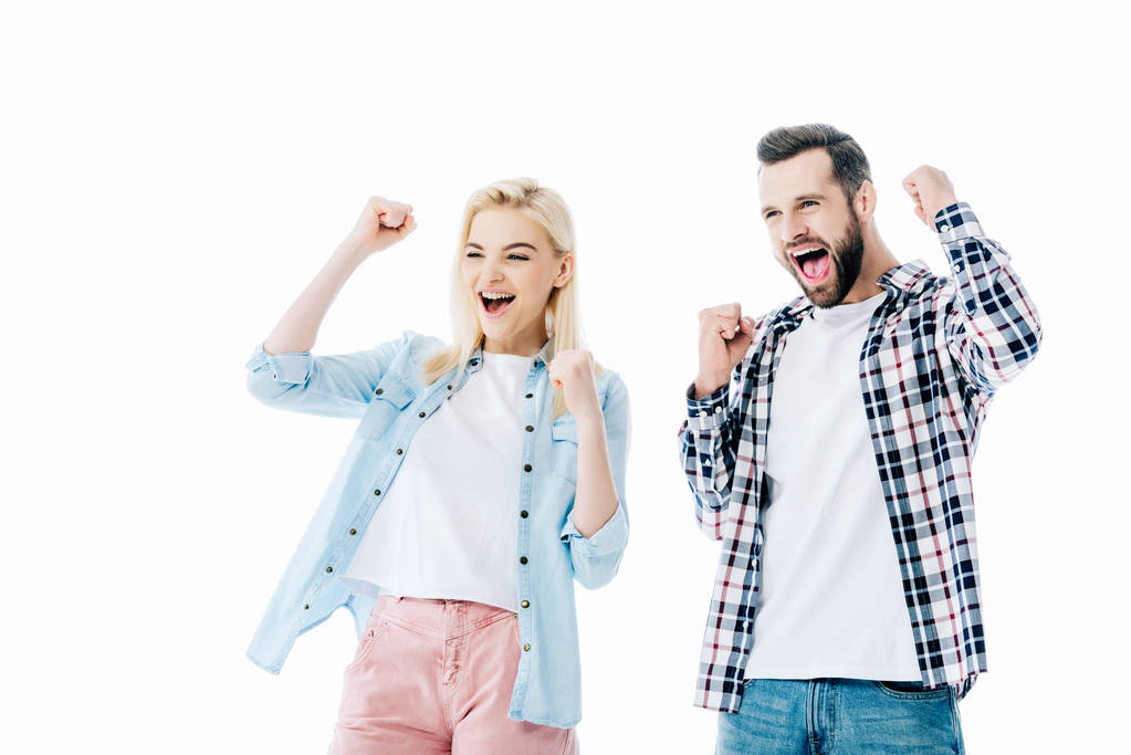 girl and man cheering with clenched fists Isolated On White - Photo, Image