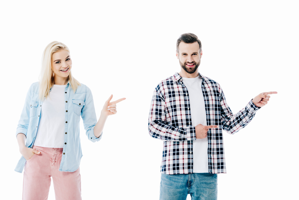 усміхнена дівчина і чоловік вказують пальцями ізольовані на білому
 - Фото, зображення