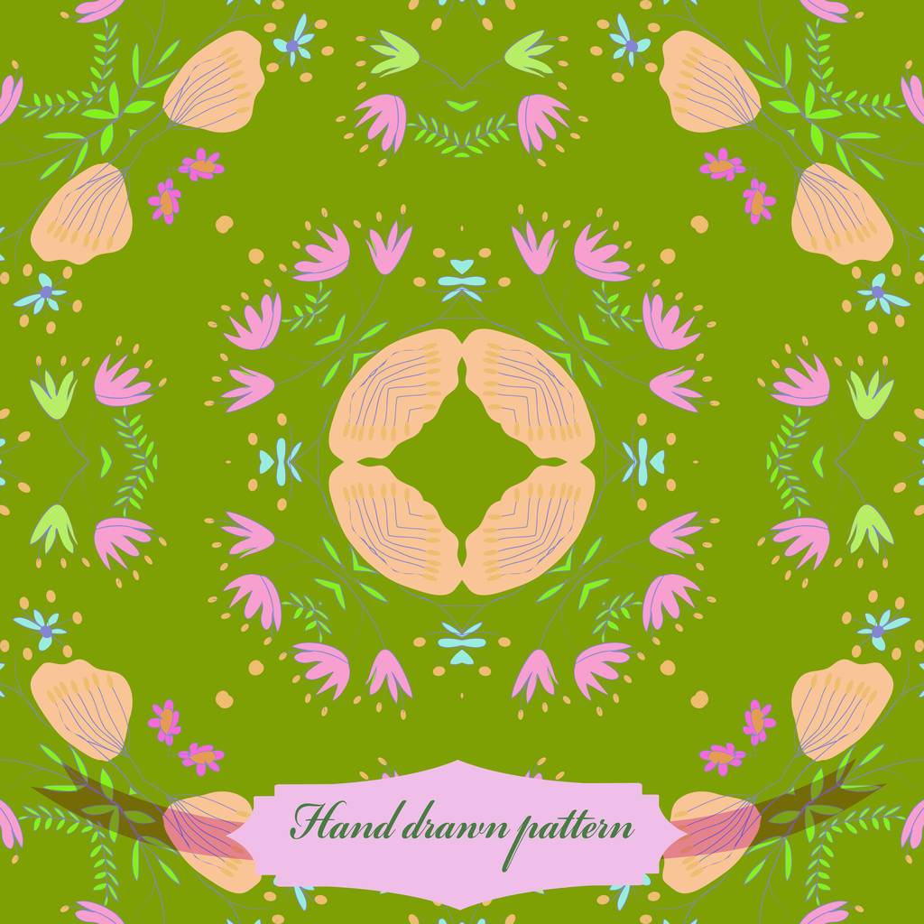 kreisförmiges, nahtloses Muster aus farbigen Blumenmotiven, Blättern, Zweigen, Etikett.  - Vektor, Bild
