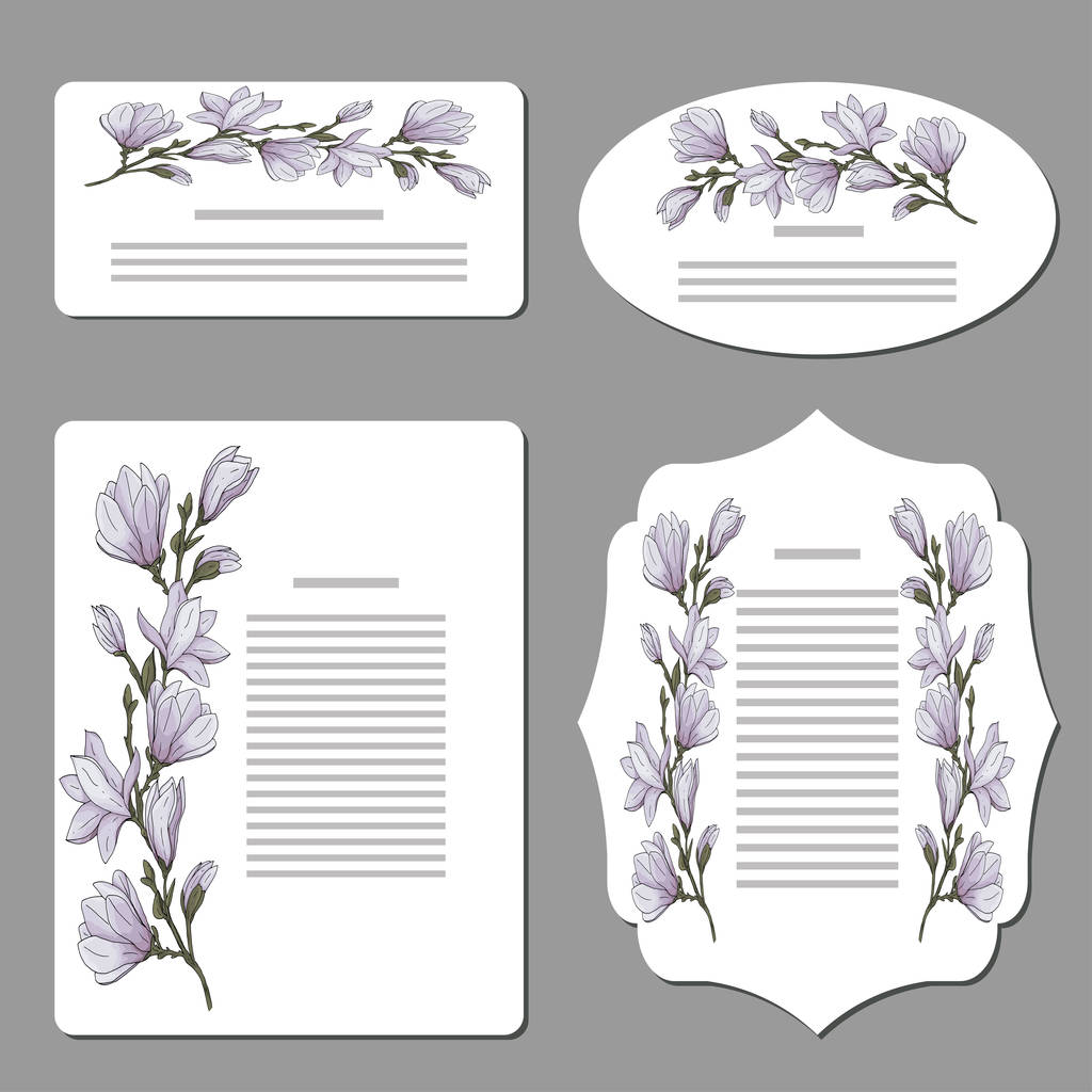 Karten-Vorlagen dekoratives Design mit handgezeichneten farbigen Magnolien Vektorillustration - Vektor, Bild