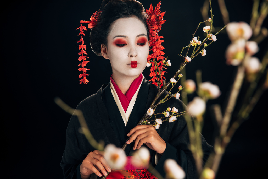 επιλεκτική εστίαση της όμορφης γκέισα σε μαύρο κιμονό με κόκκινα λουλούδια στα μαλλιά κοιτάζοντας μακριά και Sakura κλαδιά απομονώνονται σε μαύρο - Φωτογραφία, εικόνα